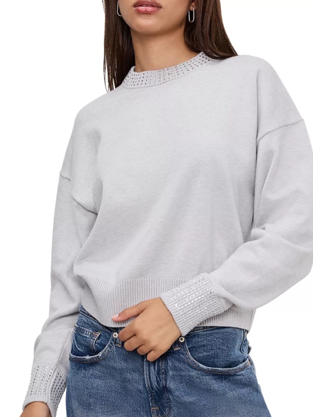 Good American Crystal Crewneck Pullover Sweater Light Gray Women's | Sz M - Picture 2 of 9